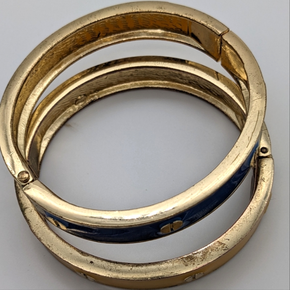 Hinged Bracelets Blue & Yellow Enamel Gold Tone - Picture 4 of 7